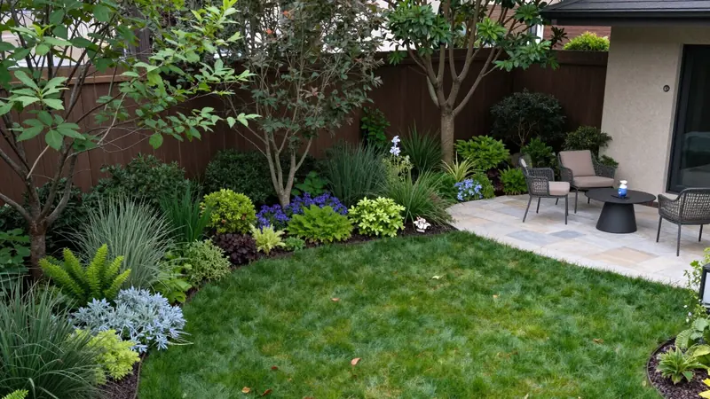 Mulched garden beds and feature planting wrapping a courtyard lawn